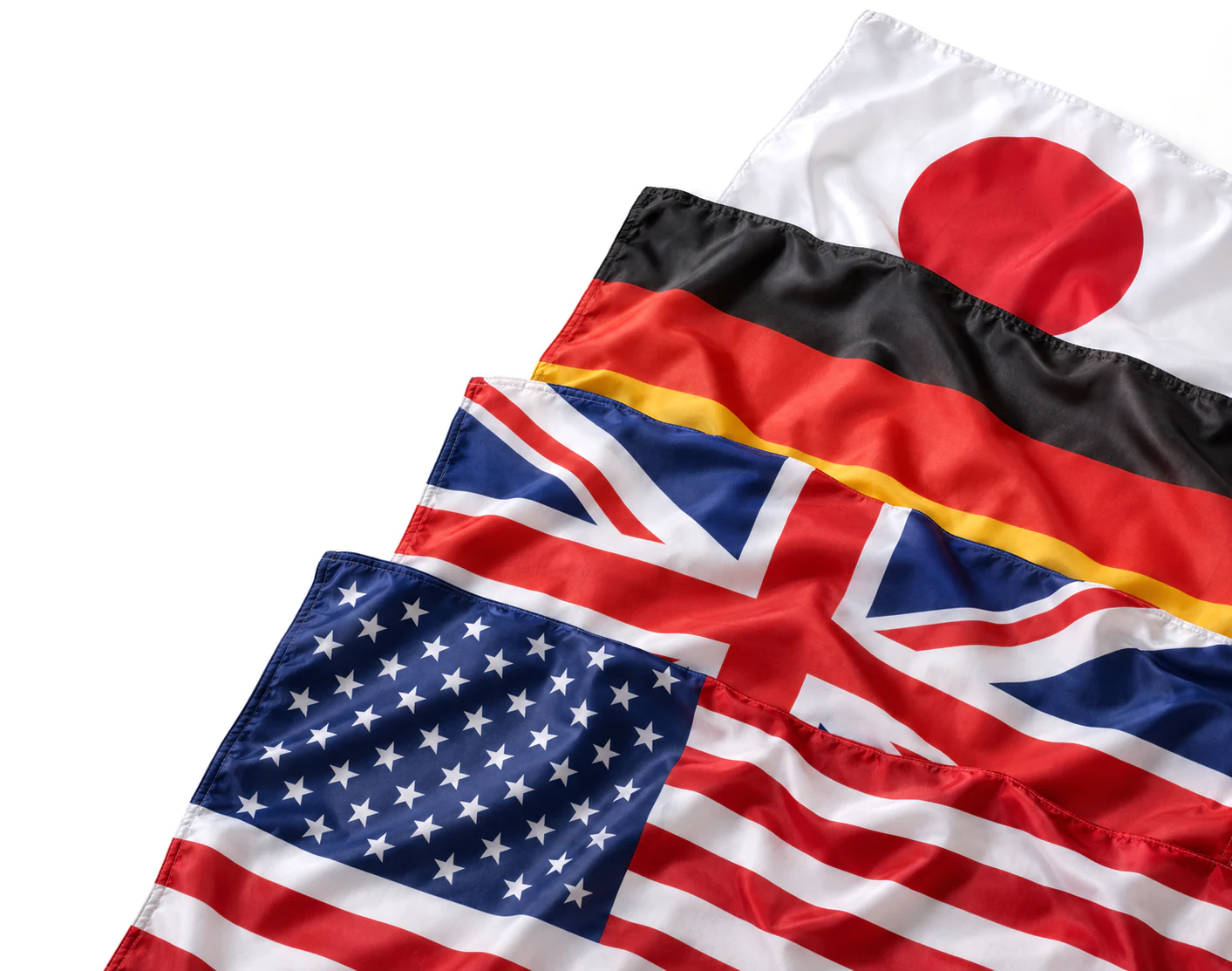 US, UK, German and Japanese flags draped together