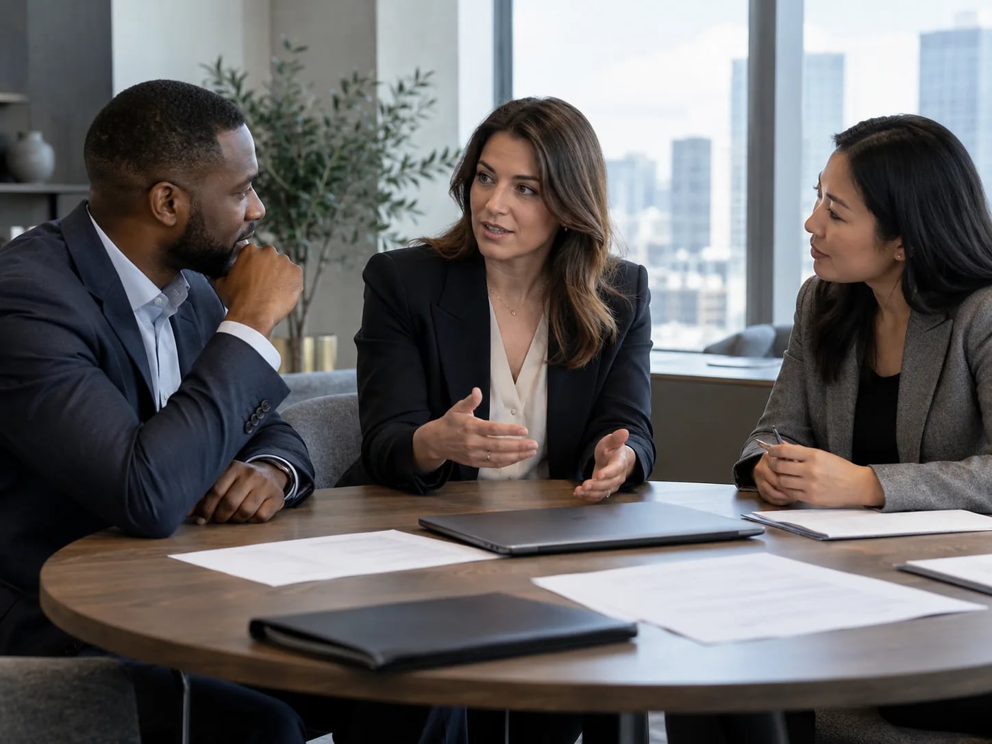 A group of investors standing at a window above a foggy city